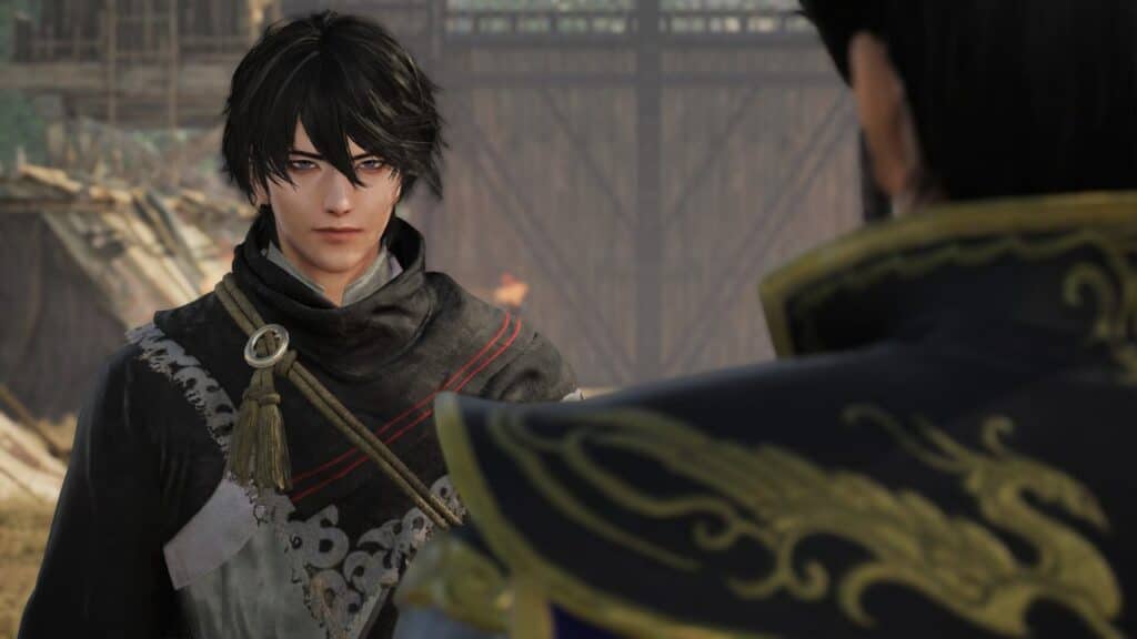 In a tense standoff reminiscent of Dynasty Warriors Origins, animated characters lock eyes. One figure stands out, with dark hair and a black outfit accented in red, embodying the drama and intensity of an epic confrontation.