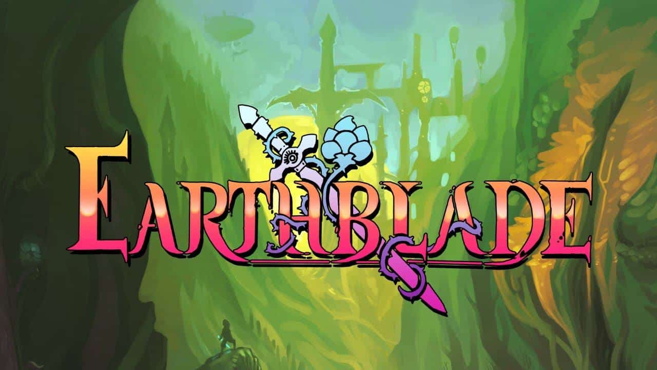 Colorful "Earthblade" title with a sword and earth motif, set against a lush forest background.