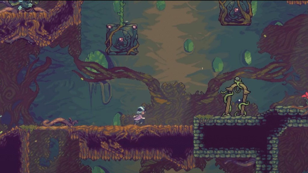 A character navigates a mystical forest platform, enveloped by vines and structures with purple glowing eyes, reminiscent of a scene from the postponed Earthblade adventure.