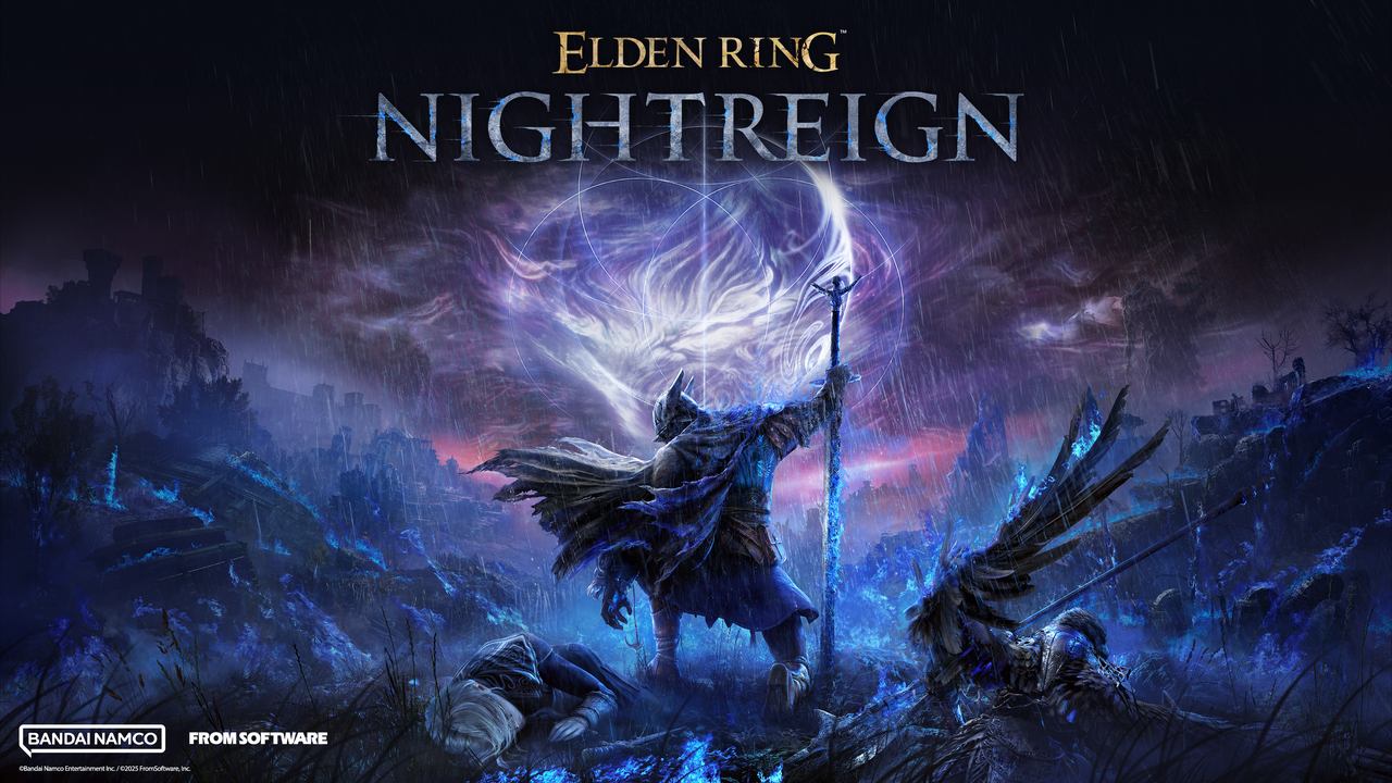 Warrior in blue armor brandishes a glowing weapon in a mystical night landscape, with "Elden Ring: Nightreign" text.