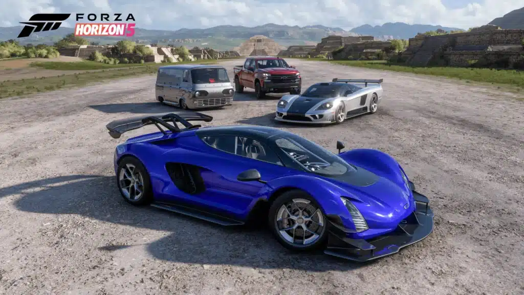 Four futuristic cars parked on a dirt road with mountains and ruins in the background. "Forza Horizon 5" logo visible.