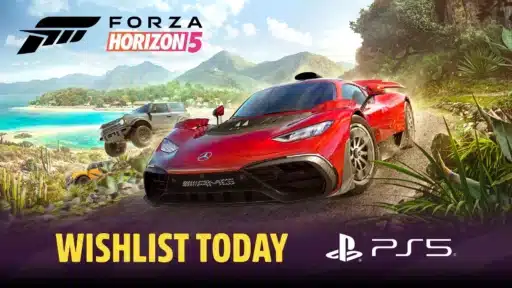 Red sports car and off-road vehicle racing on a coastal road. Text: "Forza Horizon 5" and "Wishlist Today" with PS5 logo.