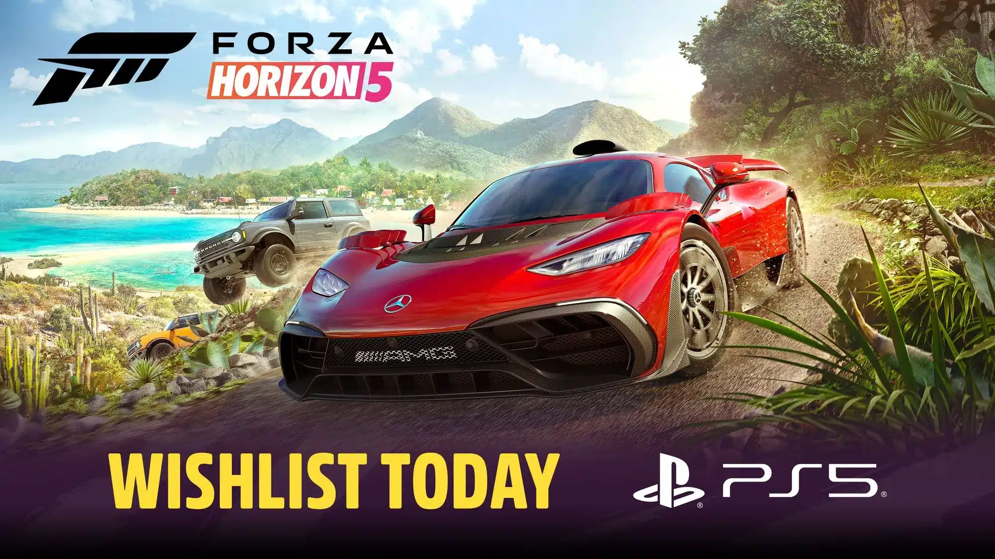 Red sports car and off-road vehicle racing on a coastal road. Text: "Forza Horizon 5" and "Wishlist Today" with PS5 logo.