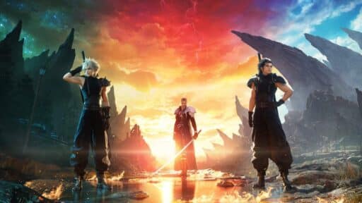 Three warriors with swords stand dramatically on a rocky landscape, evoking the vibrant world of Final Fantasy VII Rebirth. A radiant sunset highlights the jagged cliffs in the background, setting an epic scene.