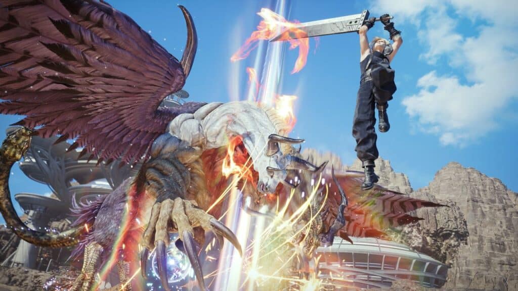 Amidst a vibrant, fantastical landscape reminiscent of Final Fantasy VII Rebirth, a warrior with a sword leaps to attack a winged monster.