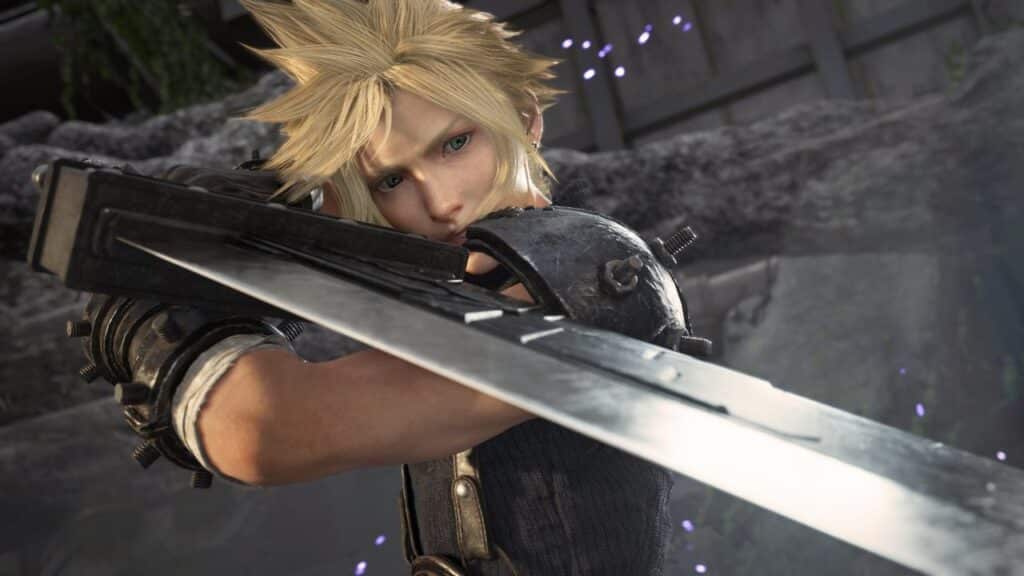 A character with spiky blond hair holds a large sword, gazing intently forward, reminiscent of Final Fantasy VII Rebirth's iconic style, set against a blurred natural background.