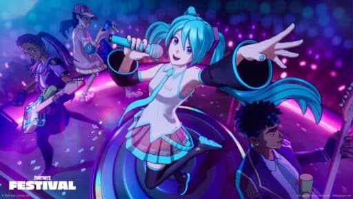 Animated characters, including Hatsune Miku, perform on a colorful stage at the Fortnite Festival during Season 7, with vibrant lights and musical instruments.