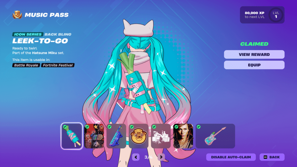 In the game interface, a character resembling Hatsune Miku dazzles with turquoise hair and a cat ear hat. Explore an array of unlockable items in this exciting Fortnite Festival Season 7 setting.