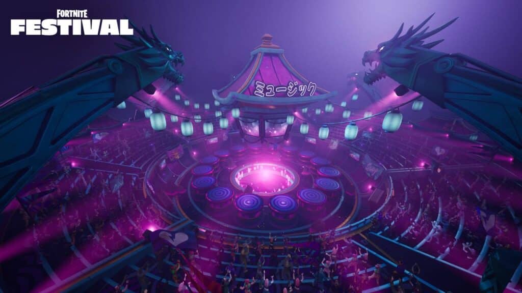 A futuristic concert stage with neon lights and dragon decorations pulses with energy at the Hatsune Miku Festival. The vibrant crowd engulfs the circular arena, reminiscent of a Fortnite Season 7 event, creating an unforgettable spectacle.