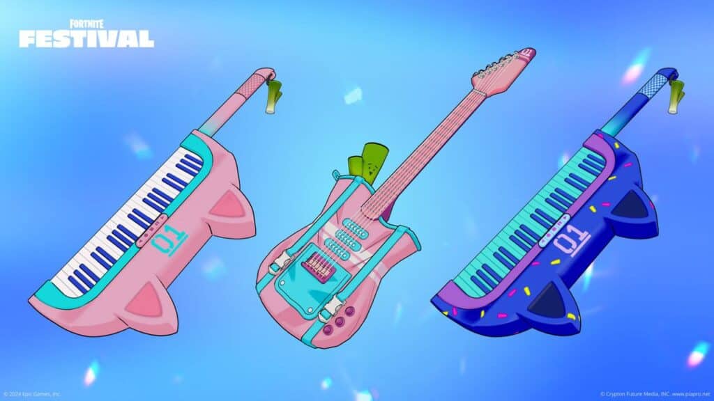 Colorful keytar-style instruments featuring pink, blue, and confetti designs grace the stage in a vibrant display, all set against a stunning blue gradient background. Perfect for rocking out at the Hatsune Miku Fortnite Festival this Season 7!.