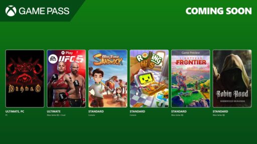 Xbox Game Pass upcoming games, including Diablo IV, EA Sports UFC, and more, displayed on a green background.