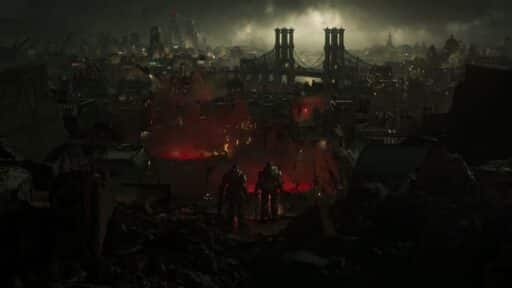 Two armored figures stand sentinel over a burning, dystopian cityscape. A bridge looms beneath ominous clouds, reminiscent of the Gears of War: E-Day development's bleak vision.