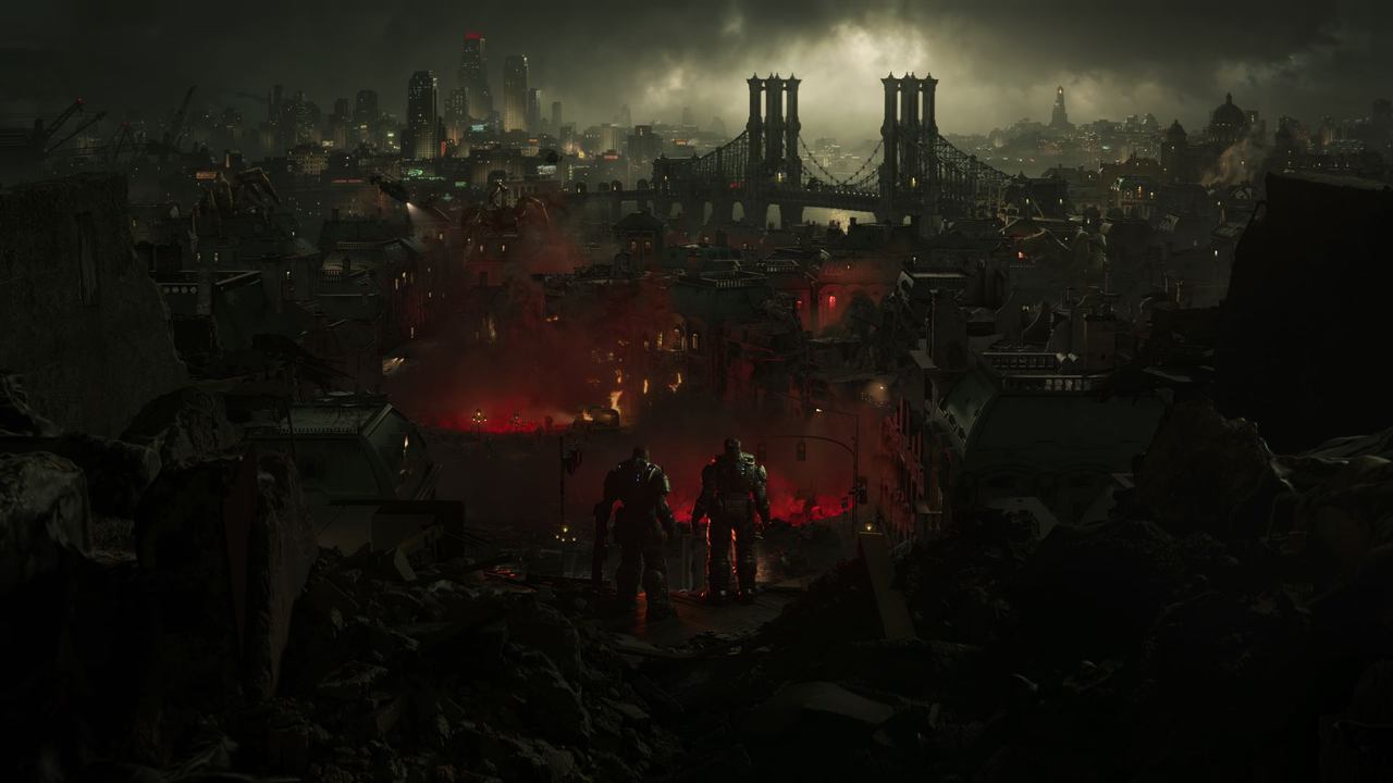 Two armored figures stand sentinel over a burning, dystopian cityscape. A bridge looms beneath ominous clouds, reminiscent of the Gears of War: E-Day development's bleak vision.