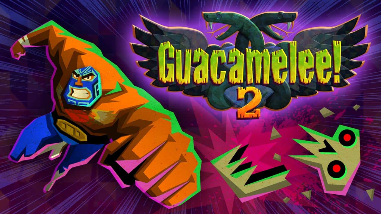 The Guacamelee! 2 game cover bursts with vibrant graphics, showcasing a masked luchador ready for action.