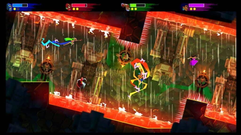 The colorful video game scene resembles the vibrant energy of Guacamelee! 2, as characters navigate a fiery, hazardous environment.