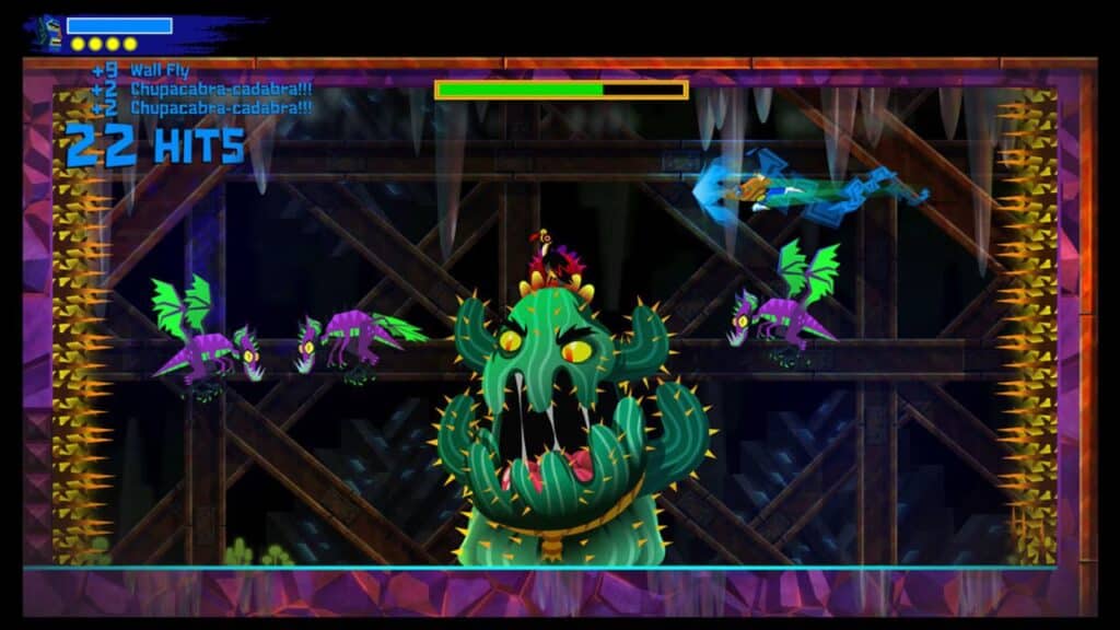 In a vibrant environment reminiscent of Guacamelee! 2, a character battles a towering, green, spiky monster while dodging attacks from ominous flying creatures. The action-packed scene is filled with colorful chaos and thrilling combat dynamics.