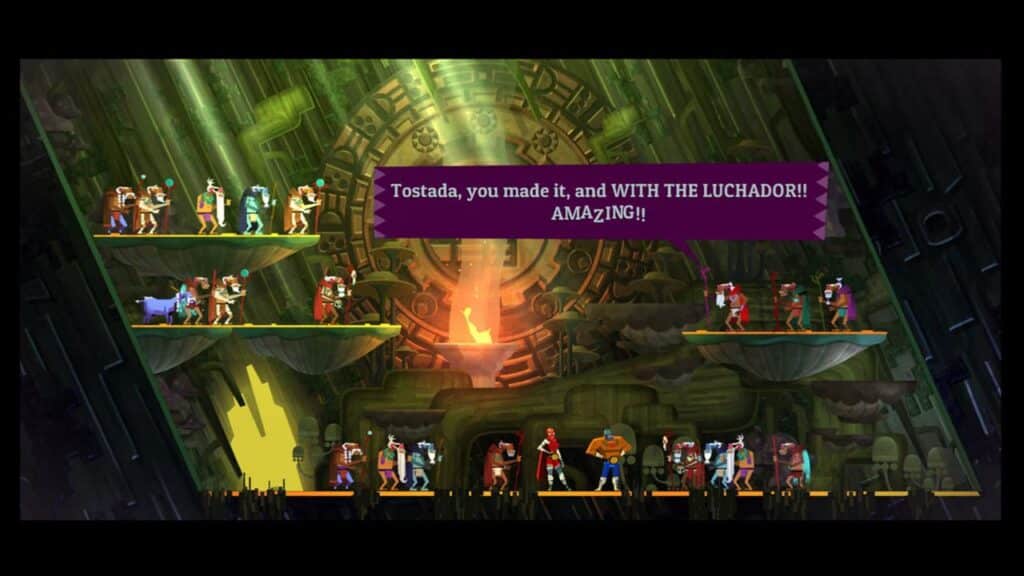 In a vibrant scene reminiscent of Guacamelee! 2, characters celebrate in a mystical setting. Text exclaims, "AMAZING!.