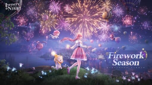 Girl in a dress surrounded by fireworks, balloons, and floating creatures, with "Infinity Nikki Firework Season update" text.