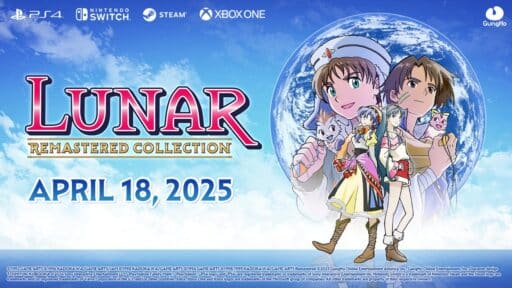 Anime-style characters set against a vibrant blue Earth background announce the release of the LUNAR Remastered Collection, arriving April 18, 2025.