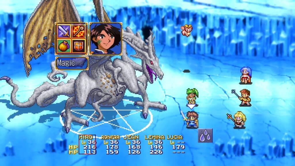 Amidst the icy terrain, heroes from the LUNAR Remastered Collection face off against a colossal dragon, their courage reflected in vivid stats displayed below. The frosty air crackles with tension as this legendary battle unfolds in an awe-inspiring spectacle.