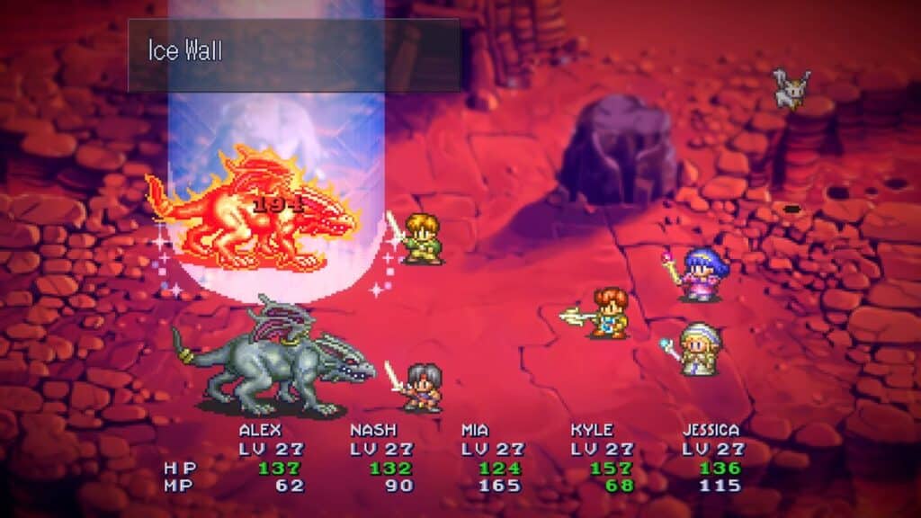 In this pixel art RPG battle scene, fantasy characters face off against a dragon, with battle stats displayed on a red rocky backdrop. Dive into the LUNAR Remastered Collection and relive epic adventures in stunning detail.