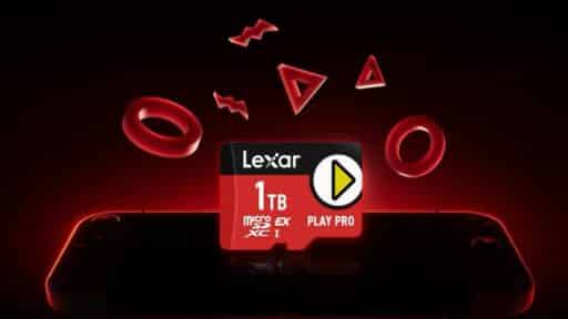 The Lexar PLAY PRO microSD Express 1TB card, adorned with geometric red icons, is set against a striking black and red background. Perfectly designed for the Nintendo Switch 2, it enhances your gaming experience with unparalleled speed and efficiency.