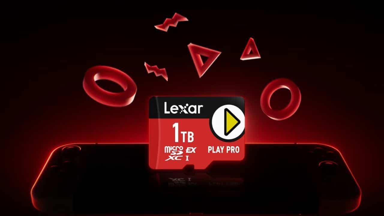 The Lexar PLAY PRO microSD Express 1TB card, adorned with geometric red icons, is set against a striking black and red background. Perfectly designed for the Nintendo Switch 2, it enhances your gaming experience with unparalleled speed and efficiency.