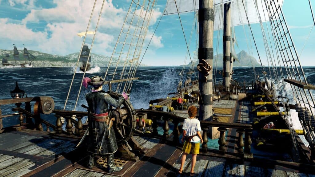 Under a blue sky, the captain of the pirate ship steers with fierce determination, evoking a mystique reminiscent of "Like a Dragon: Pirate Yakuza in Hawaii." Multiple ships trail closely behind, adding to the thrilling high-seas adventure.