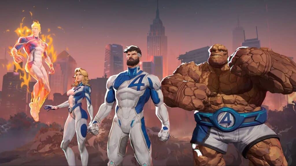 Four superheroes in futuristic suits stand confidently with the cityscape in the background, echoing the epic battles of Marvel Rivals Season 1.