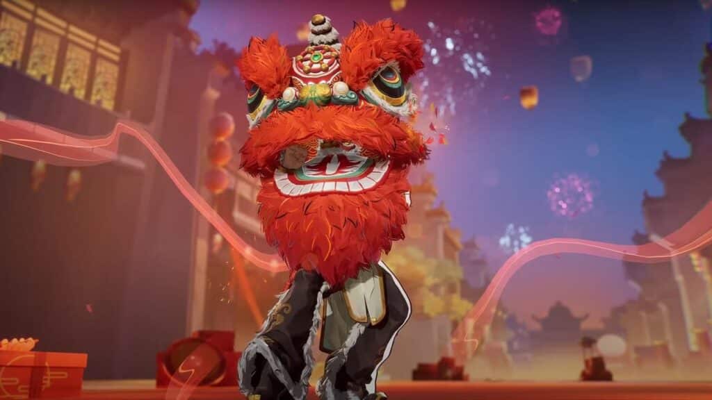 A performer in a vibrant red lion costume, reminiscent of the Marvel Rivals, dances energetically in the festive street, with fireworks and lanterns illuminating the backdrop of the Spring Festival.