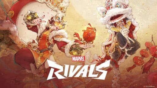 Two characters in red and gold dragon costumes, with the text "Marvel Rivals" celebrating the Spring Festival in the center.