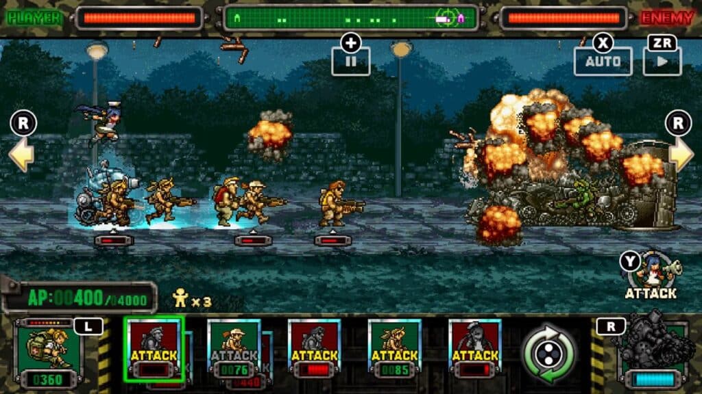 A vibrant pixel art game scene inspired by Metal Slug Attack Reloaded, showcasing soldiers battling a tank. Explosions light up the screen, while game controls offer an immersive arcade experience.