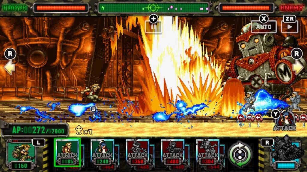 In a retro-style video game scene reminiscent of Metal Slug Attack Reloaded, intense fire explosions light up the arena as characters battle fiercely in a mechanical-themed environment.