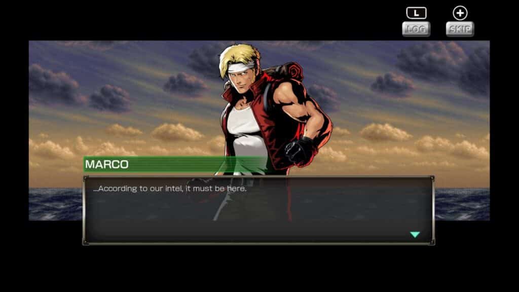 In a dynamic video game scene reminiscent of Metal Slug Attack Reloaded, Marco, clad in his iconic red jacket, stands boldly against a backdrop of a cloudy sky. A text box dialogue hovers nearby, setting the stage for his next thrilling adventure.