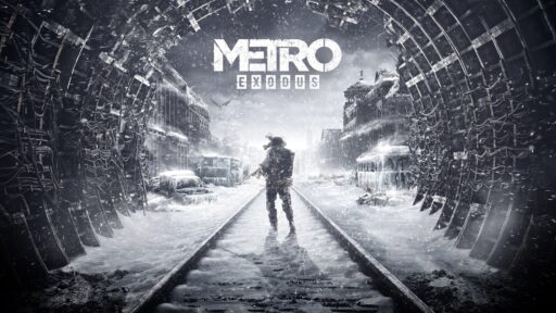 A lone figure trudges through a snowy, post-apocalyptic tunnel on the evocative "Metro Exodus" game cover art.