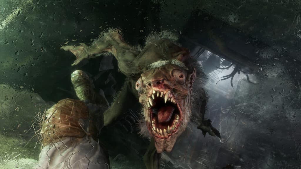 In the dark, eerie environment reminiscent of a Metro Exodus landscape, a monstrous creature with sharp teeth snarls menacingly. A frightened person stands frozen, facing the beast.