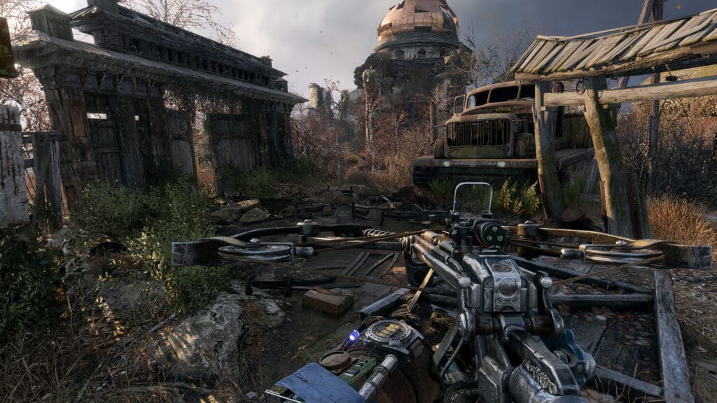 In a scene reminiscent of Metro Exodus, overgrown ruins and abandoned vehicles tell tales of a forgotten world, while a crossbow lies silently in the foreground, its presence a stark reminder of survival amidst the chaos.