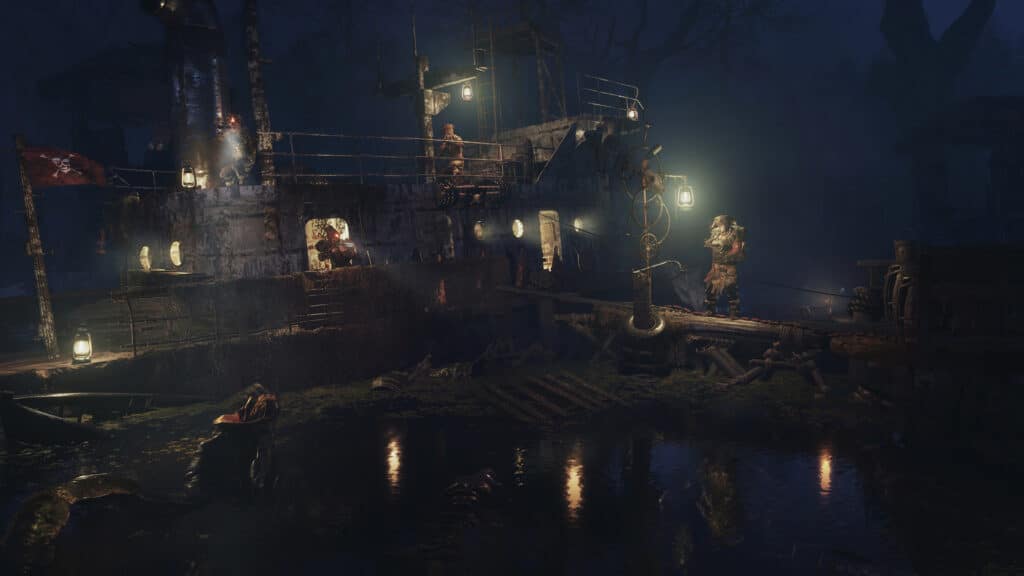 In a scene reminiscent of Metro Exodus, people gather on a rusty ship at night, their faces illuminated by scattered lamps as they gaze over the dark water body, pondering survival.