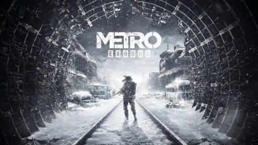 A lone figure stands on snowy train tracks in a ruined city, embodying the haunting world of Metro Exodus beneath the iconic logo.