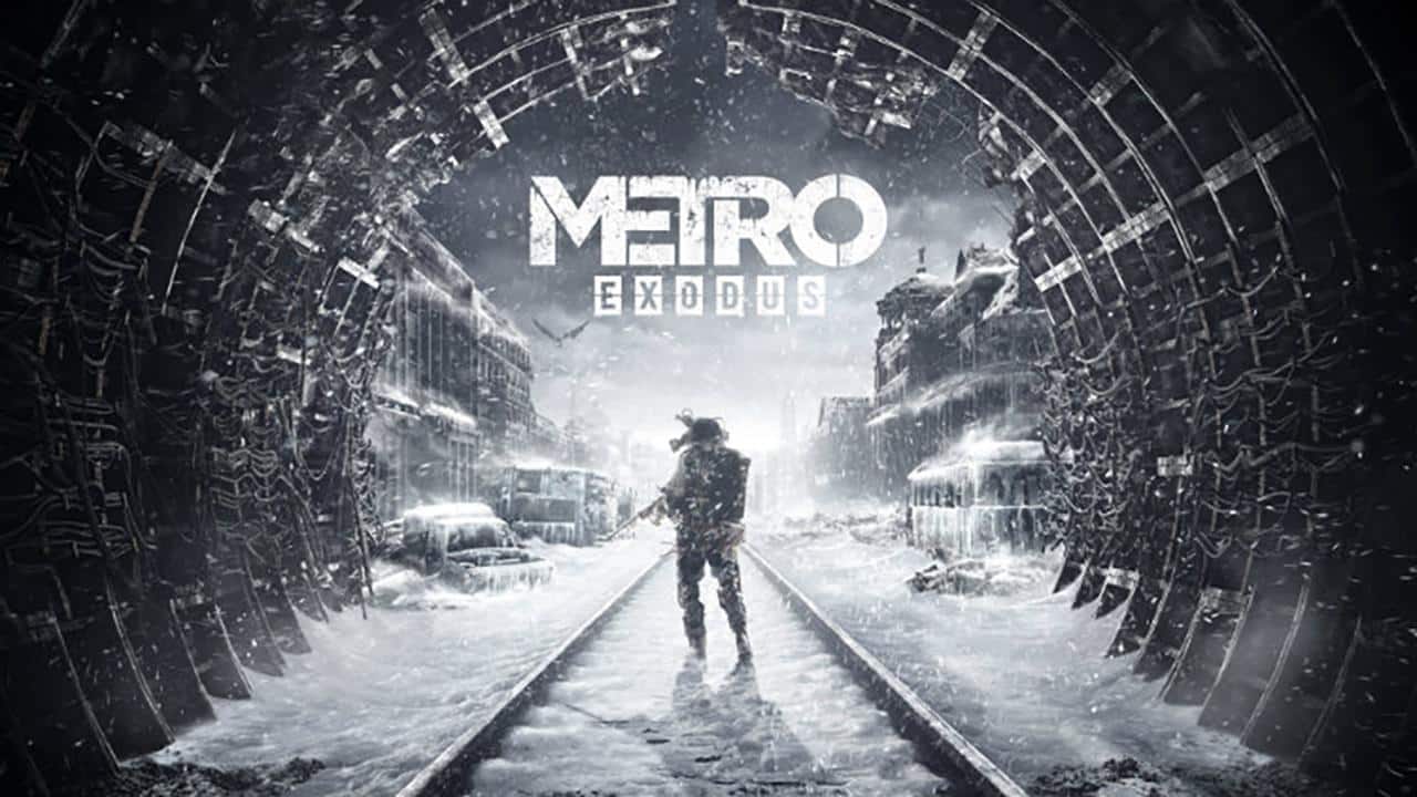 A lone figure stands on snowy train tracks in a ruined city, embodying the haunting world of Metro Exodus beneath the iconic logo.