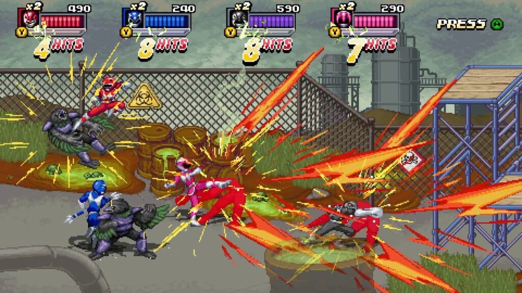 Arcade-style game scene with colorful characters fighting, featuring dynamic action effects and scores displayed above. Experience the thrill of Mighty Morphin Power Rangers: Rita's Rewind as the action rewinds and unfolds in an electrifying showdown.