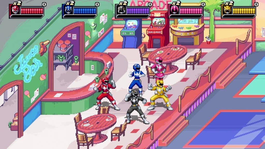 Pixelated superheroes in colorful costumes battle in a retro diner scene, evoking the timeless charm of Mighty Morphin Power Rangers: Rita's Rewind.