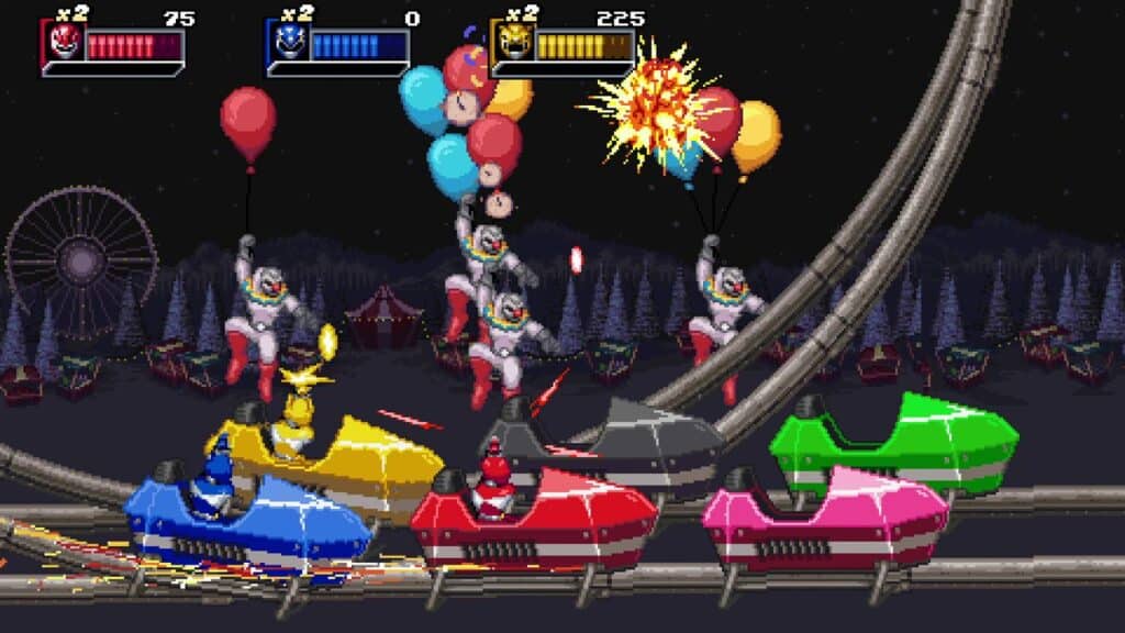 In a retro-style game scene, clowns on roller coasters, inspired by Mighty Morphin Power Rangers: Rita's Rewind, gleefully clutch their balloons as an explosion adds drama to the dark carnival setting.