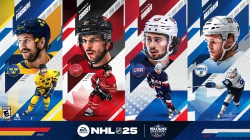 Hockey players in action poses with national flags and team colors in the background, promoting NHL 25 4 Nations Face-Off.