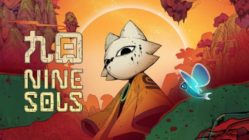 A futuristic cat character with a glowing butterfly flutters against an alien landscape, adorned with stylized text "Nine Sols" inspired by the mystique of Nine Souls.