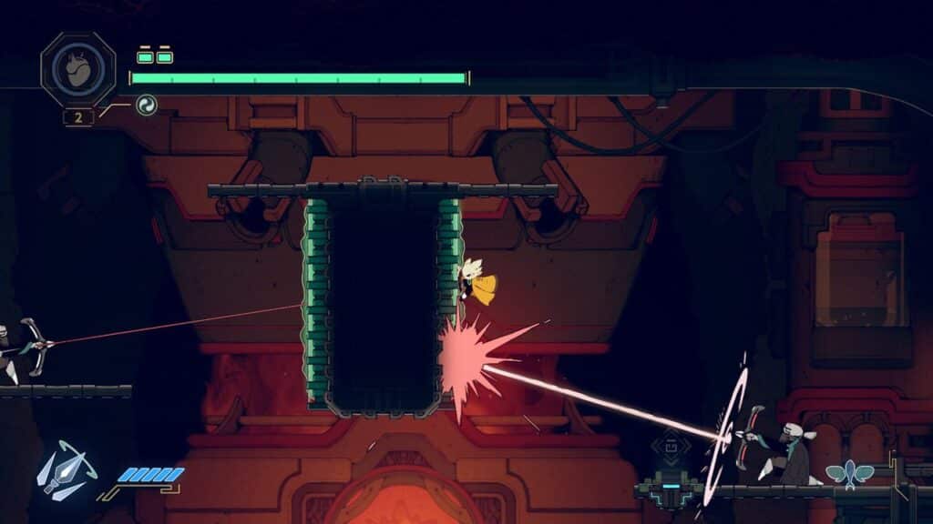 In a thrilling sci-fi platformer, Nine Souls features a character skillfully dodging laser beams, navigating a high-stakes environment with precision and agility.