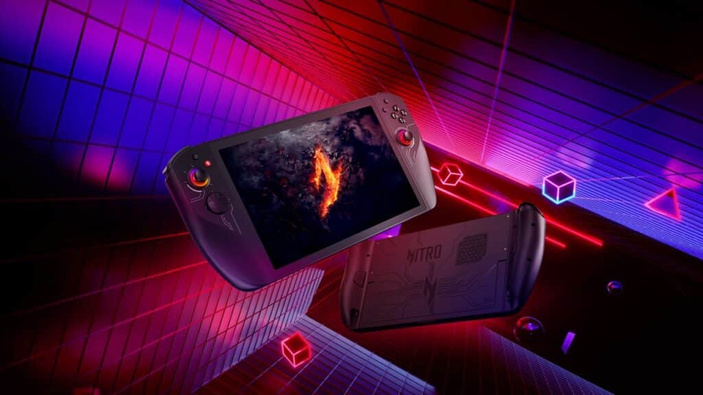 Experience the Acer Nitro Blaze, a handheld gaming console featuring an illuminated screen and buttons, perfectly set in a neon-lit futuristic environment.