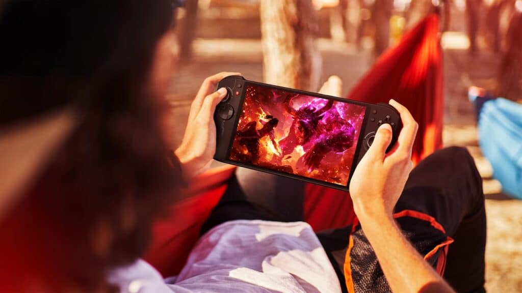 Relaxing in a hammock outdoors, the person immersed themselves in a gaming adventure on their handheld console, enjoying the vivid display and seamless performance that rivals even the Acer Nitro Blaze.