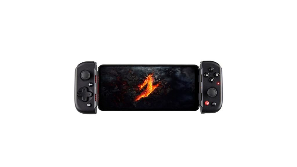 The Nitro Mobile Gaming Controller is seamlessly attached to a smartphone, vividly displaying a fiery design on the screen.