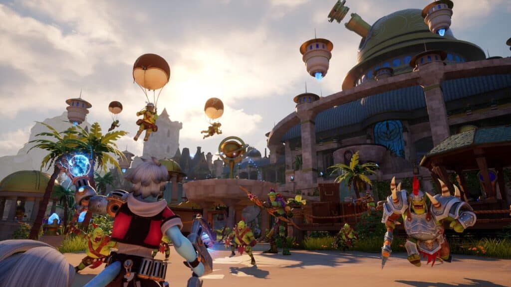 In a vibrant fantasy game scene, armored characters engage amidst floating buildings and parachuting figures, reminiscent of Orcs Must Die!. Under the bright sky, strategically placed traps evoke the thrilling defense tactics of a Deathtrap encounter.